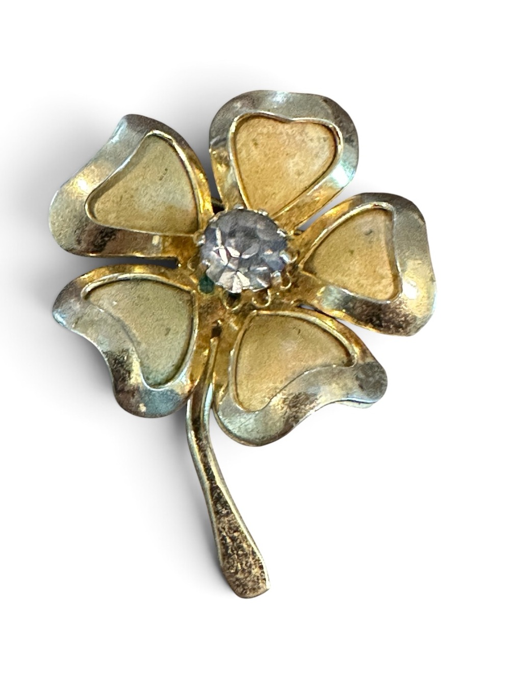 Vintage Coro Gold Tone Flower Brooch Clear Rhinestone Center